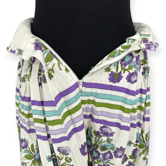 VINTAGE | Size 2 | Cream Purple and Green Floral + Stripe Print Pleated Skirt - Picture 3 of 6